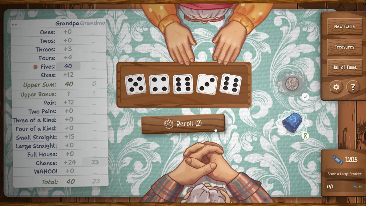 A match in progress: 15 rows, 3 rolls, 5 dice